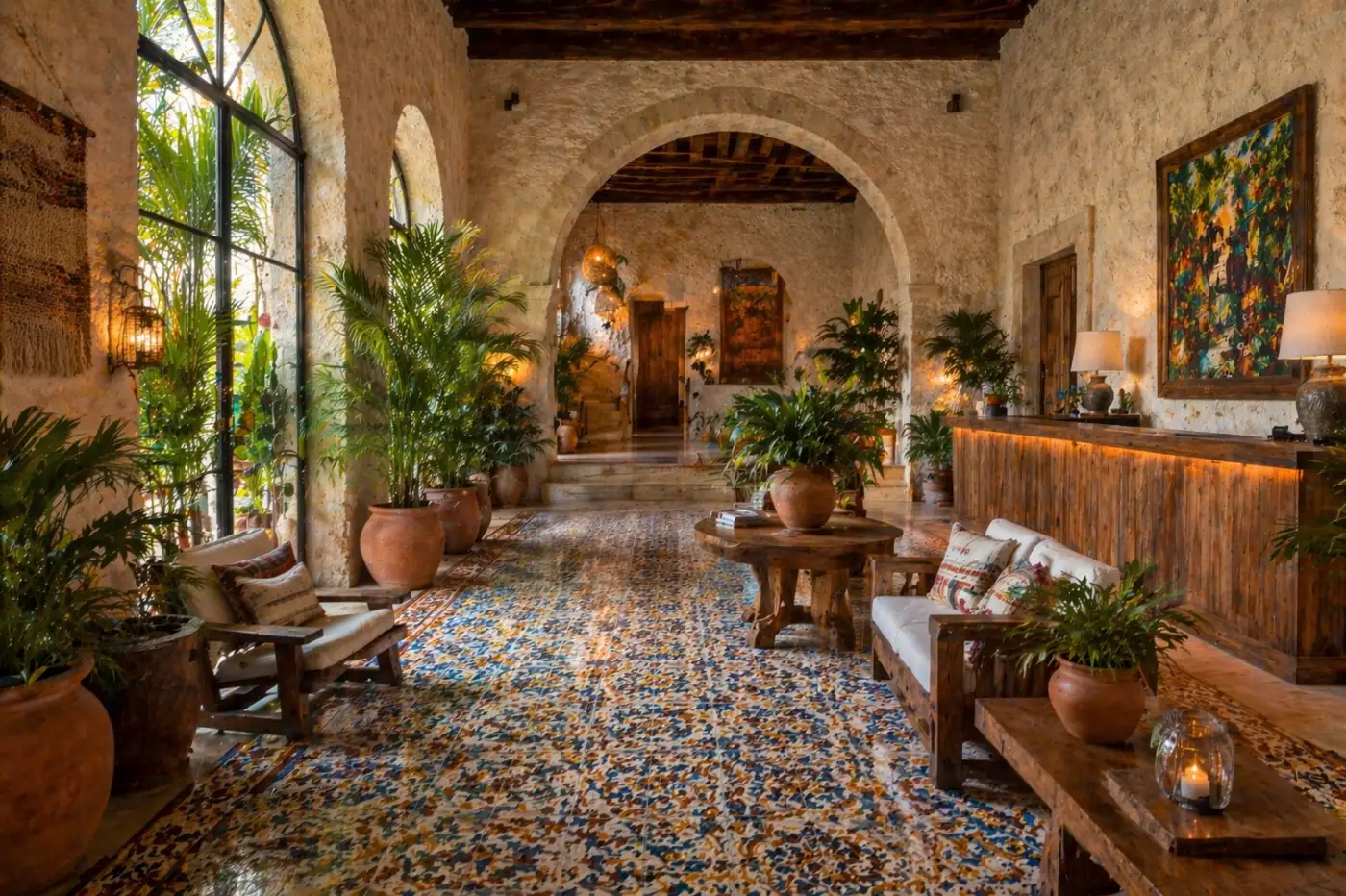 Vestíbulo y recepción del hotel Brisa Caribe, decoración mexicana auténtica