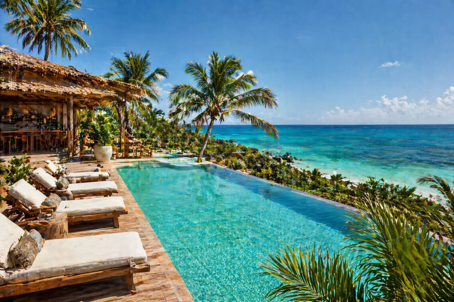 Piscina desbordante del hotel Brisa Caribe con vista al Mar Caribe, Tulum