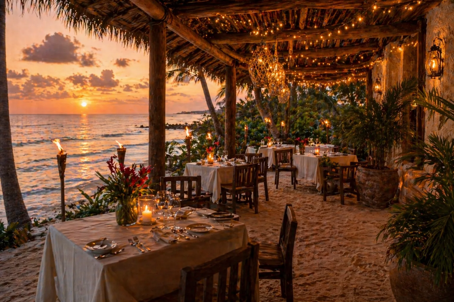 Restaurante frente al mar del hotel Brisa Caribe al atardecer, Tulum México